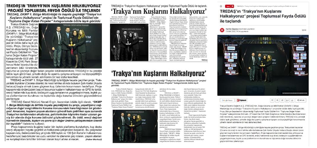 'Basında Biz' ”Trakya’nın Kuşları Halkalanıyor” Projesi Topluma Değer Katan Projeler kapsamında ödül aldı.